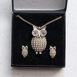 Elegant Owl Silver Costume Jewelry Set Pendant And Earrings Adjustable Chain